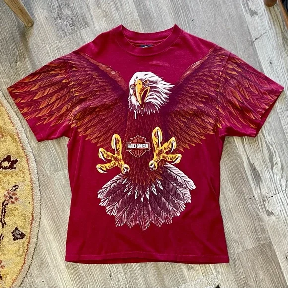 Vintage Harley Davidson Graphic T-Shirt 1993 Eagle All Over Print Maroon Large